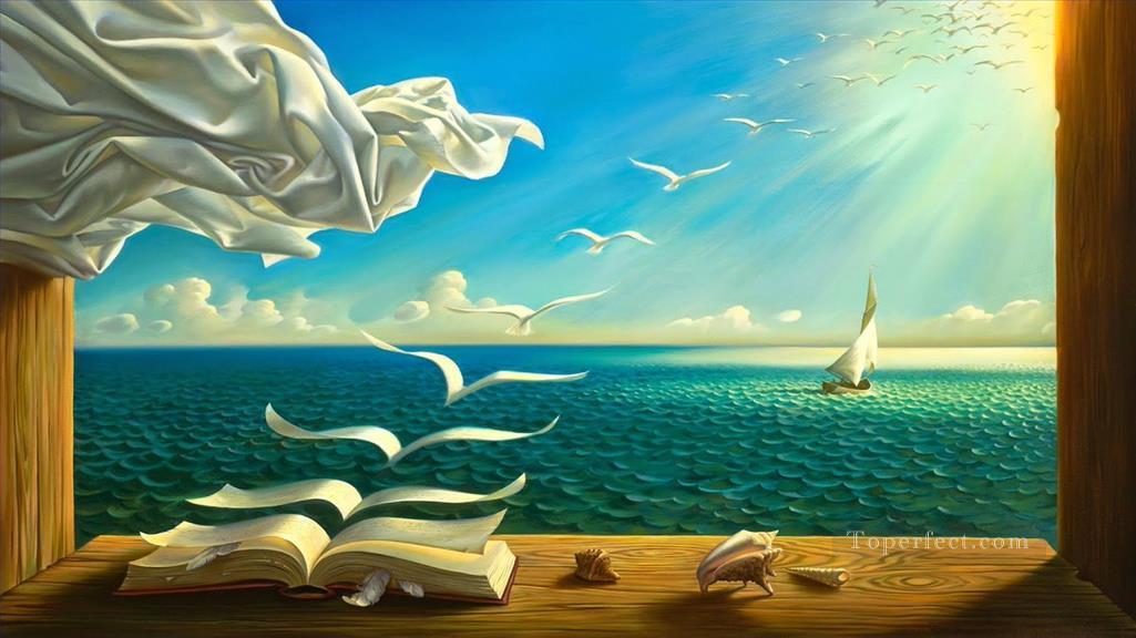 diario de descubrimientos surrealismo libros gaviotas barco Pintura al óleo